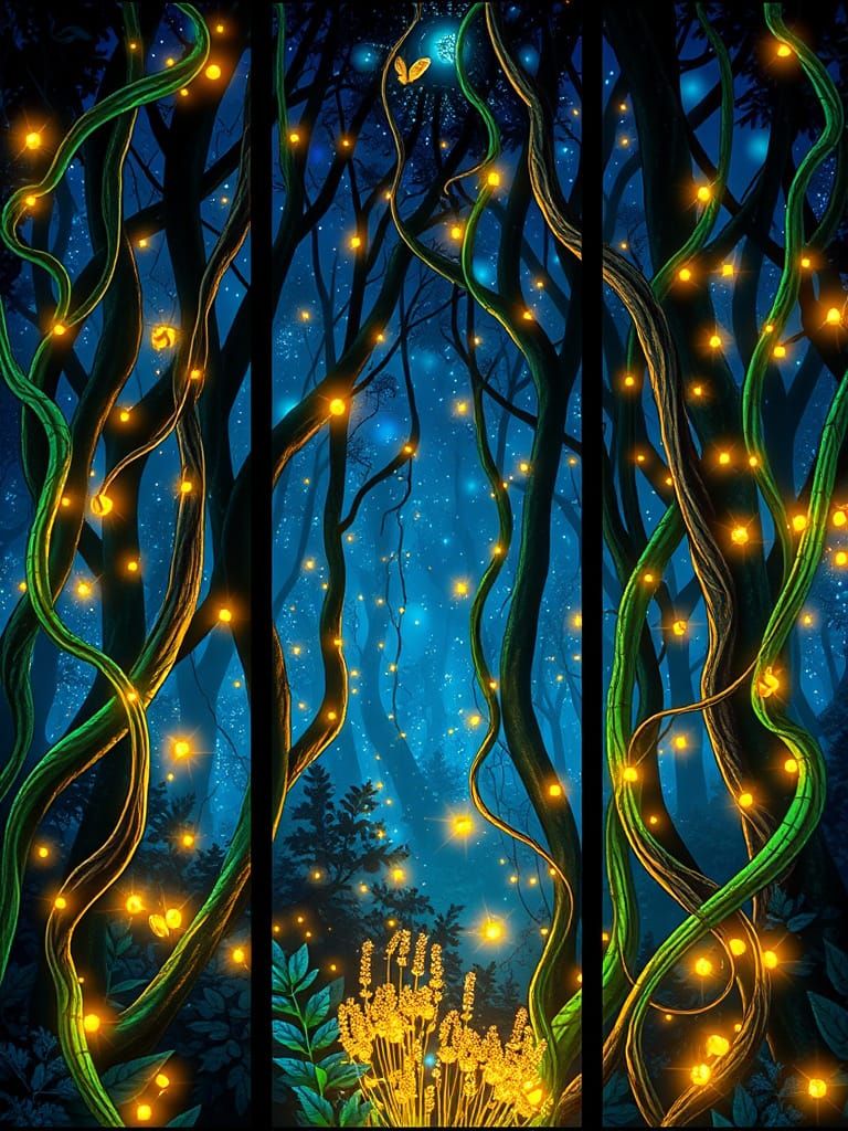 Celestial Night Forest Triptych in Stained Glass