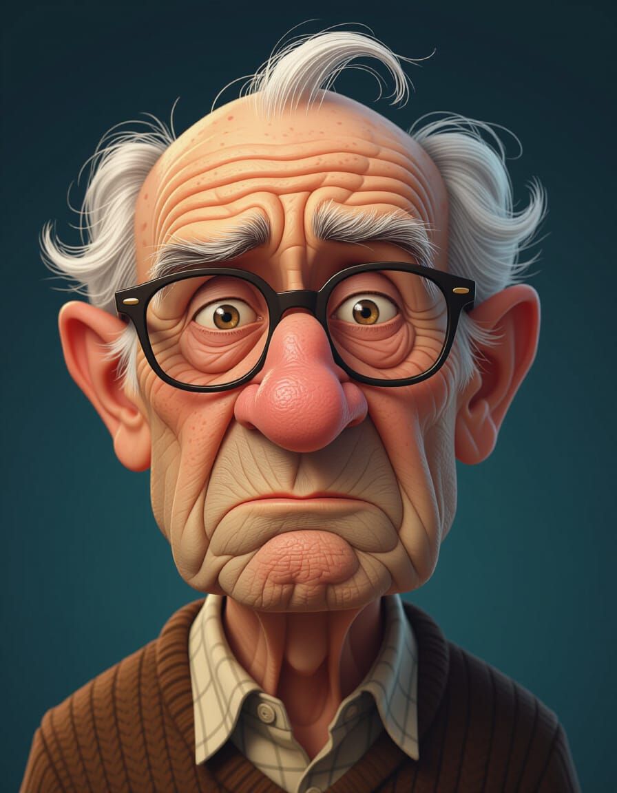 Mischievous Old Man Caricature in Pixar Style
