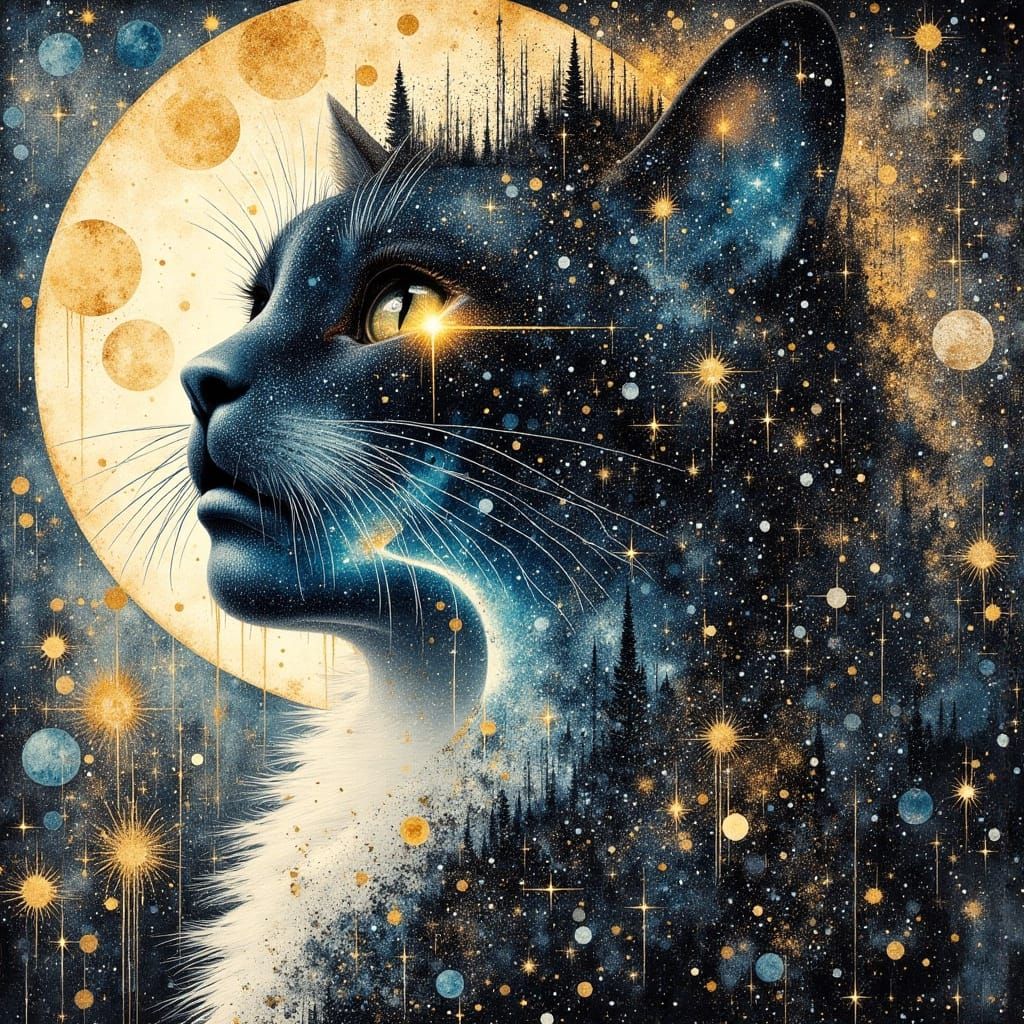 Surreal Cat Portrait with Night Sky, Mixed Media Collage