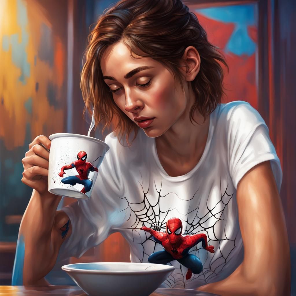 Girl in Spider-Man Shirt: Hyperrealistic Splash Art