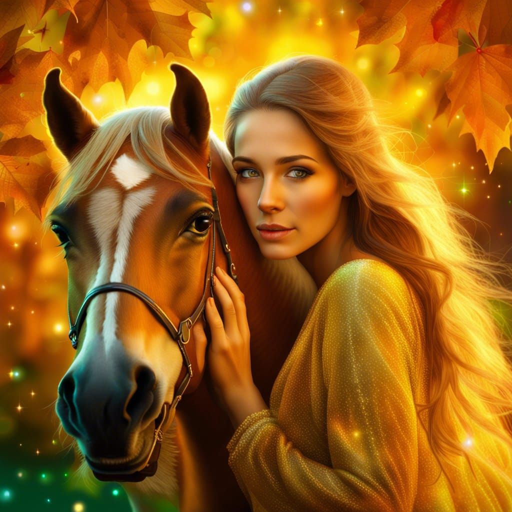 Woman and Horse Under Aurora Borealis