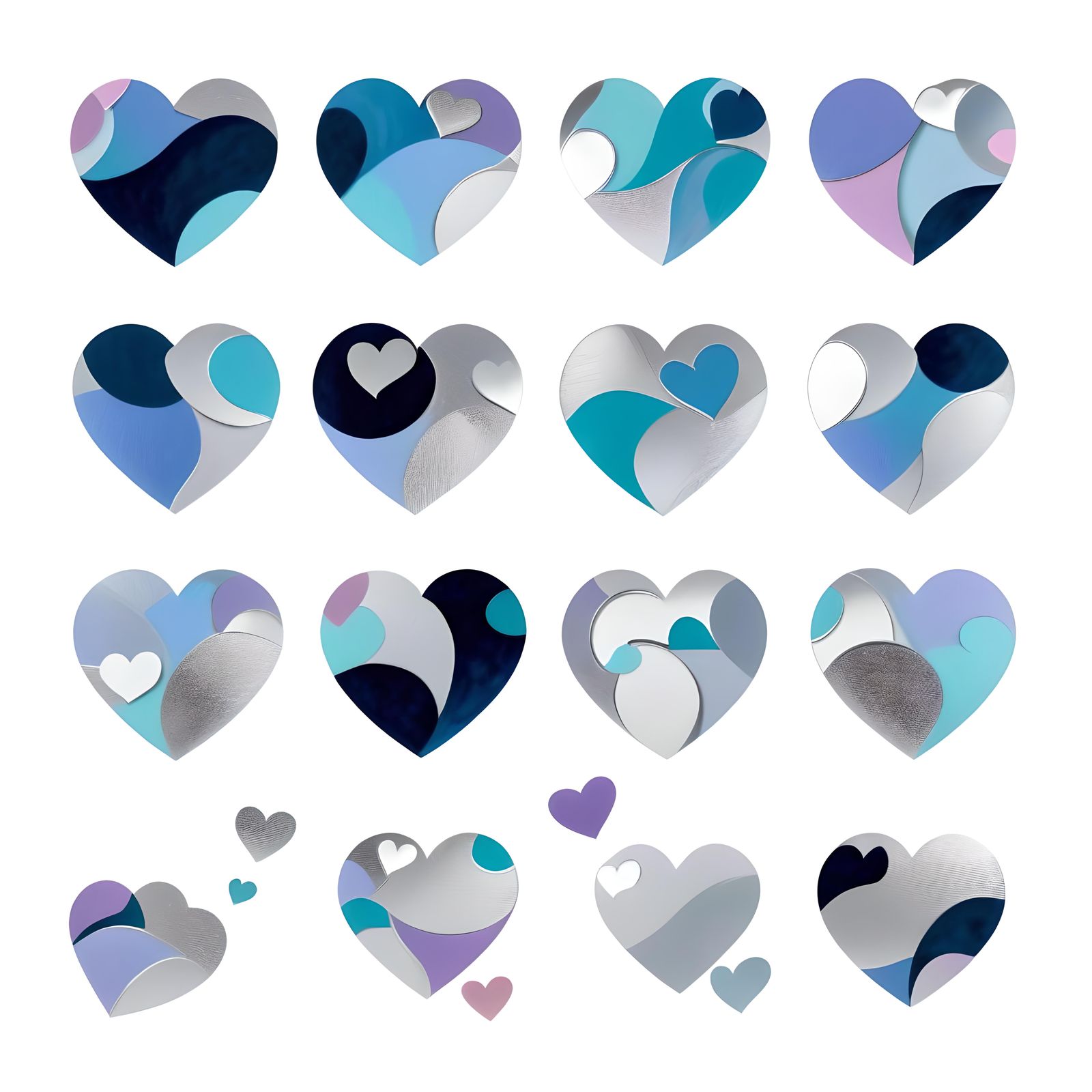 Psychedelic 3D Hearts with Swirly Art Nouveau Design