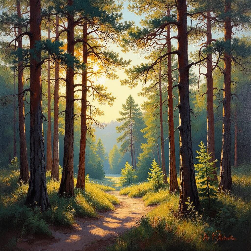 Sunlit Pine Forest in Impressionist Style