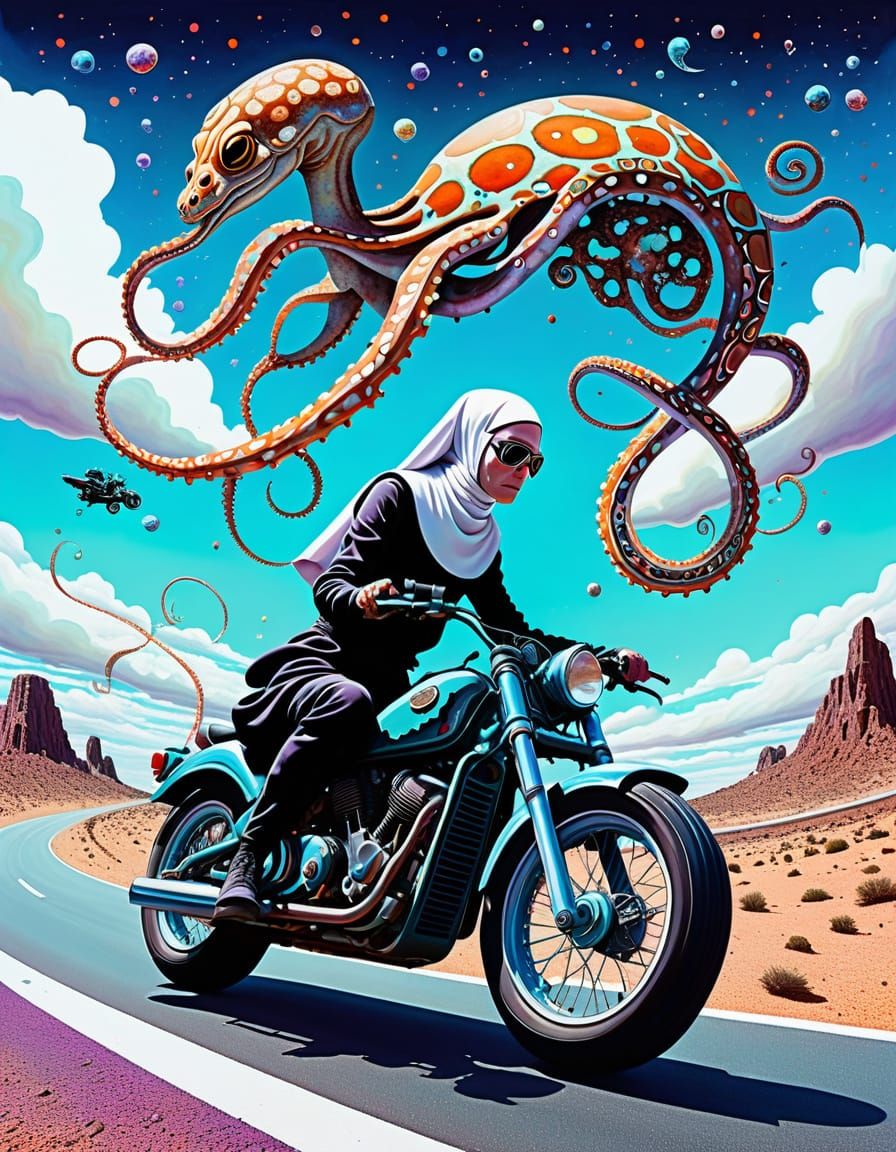 Surreal Nun on Motorbike with Holographic Octopus in Dream L...