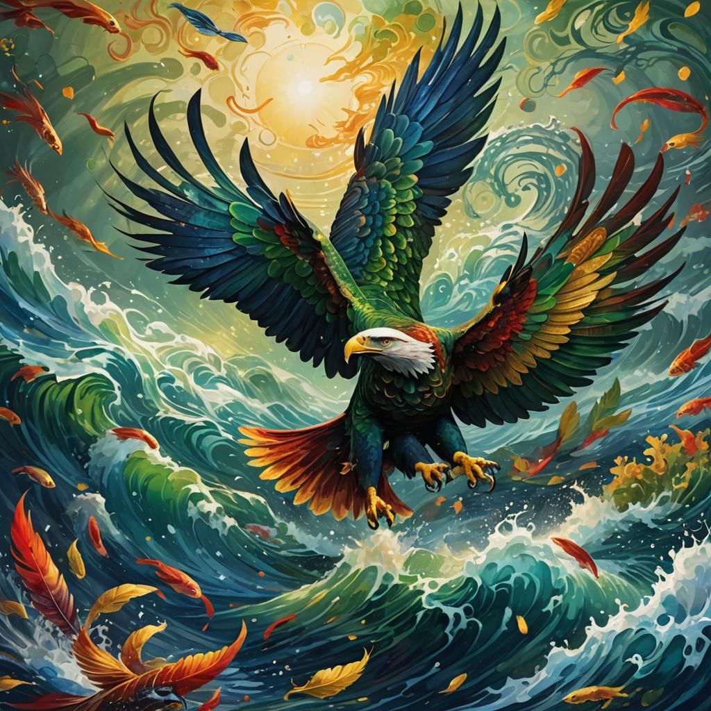 Colorful Eagle Captures Fish, Fantastical Concept Art