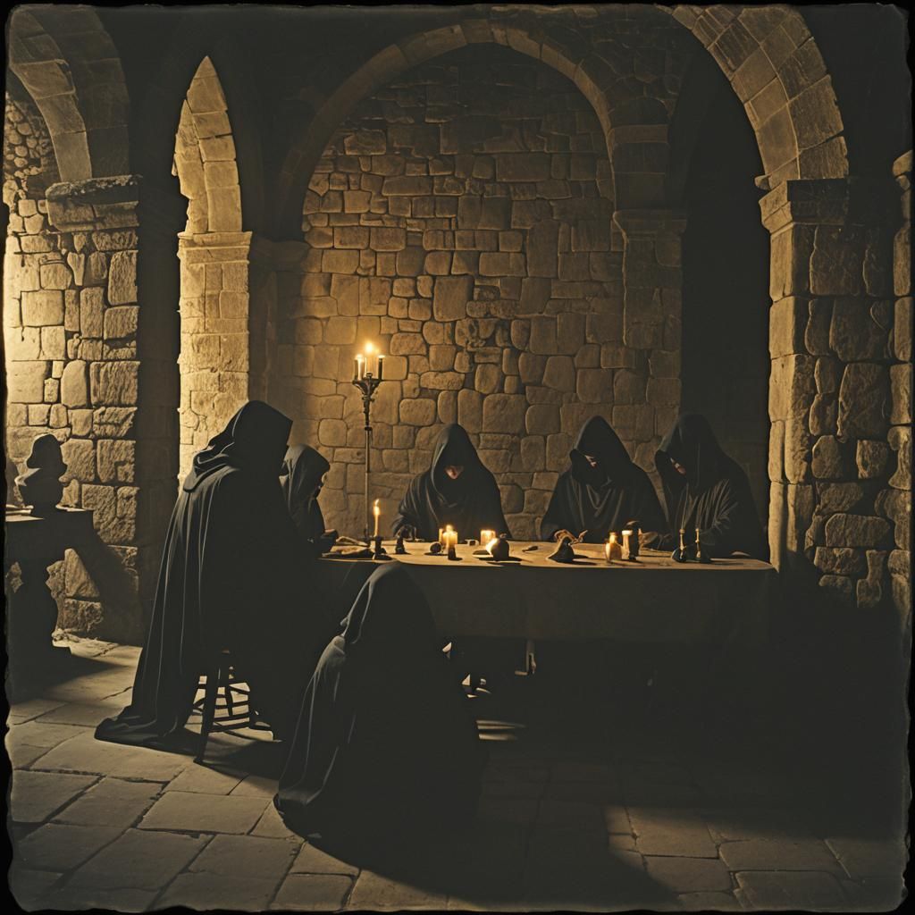 Ominous Gathering in Ornate Setting with Cinematic Lighting