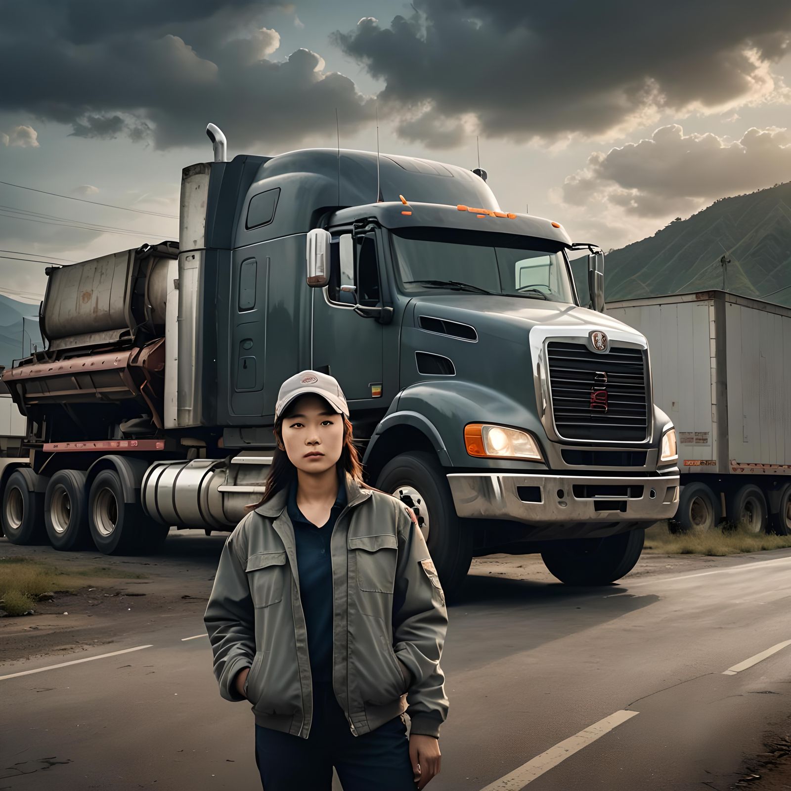 Asian Truck Driver on Highway: Digital Matte Painting