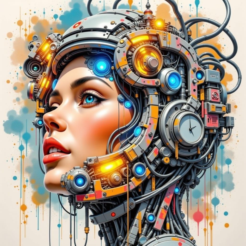 Cyborg Woman Portrait in Futuristic Lab