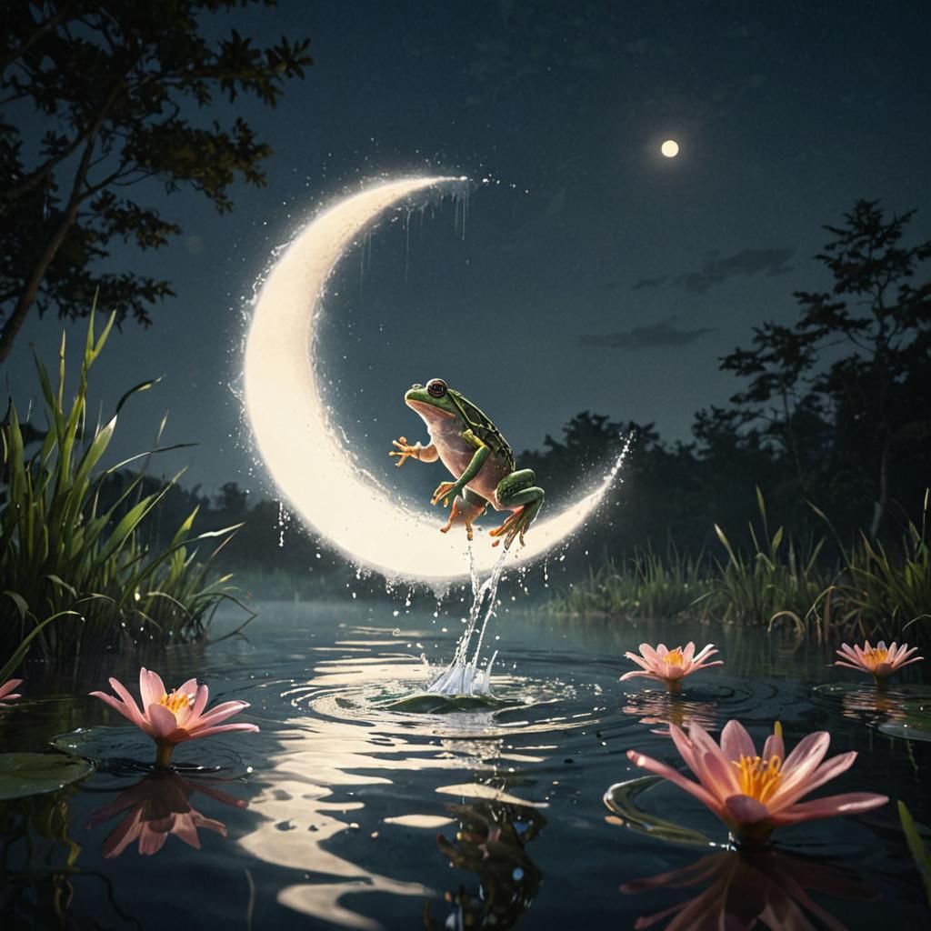Frog Leap: Hyper-Realistic Digital Art in Moonlight
