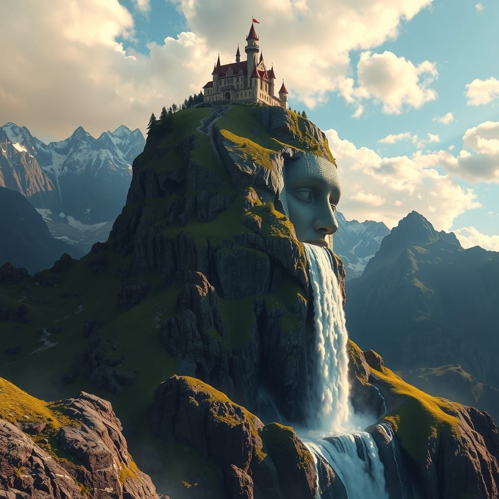 Surreal Head Statue Mountain Landscape, Photorealistic Digit...