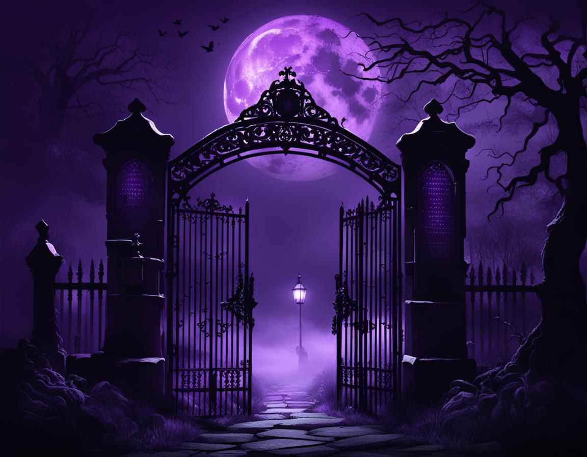 Eerie Cemetery Gate in Purple Moonlight