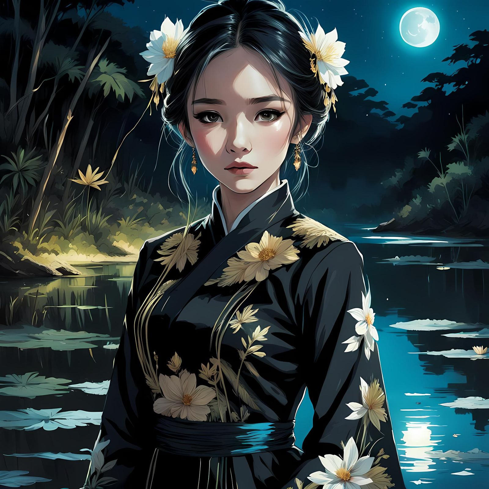 Princess in Black Ao Dai Dress at Night