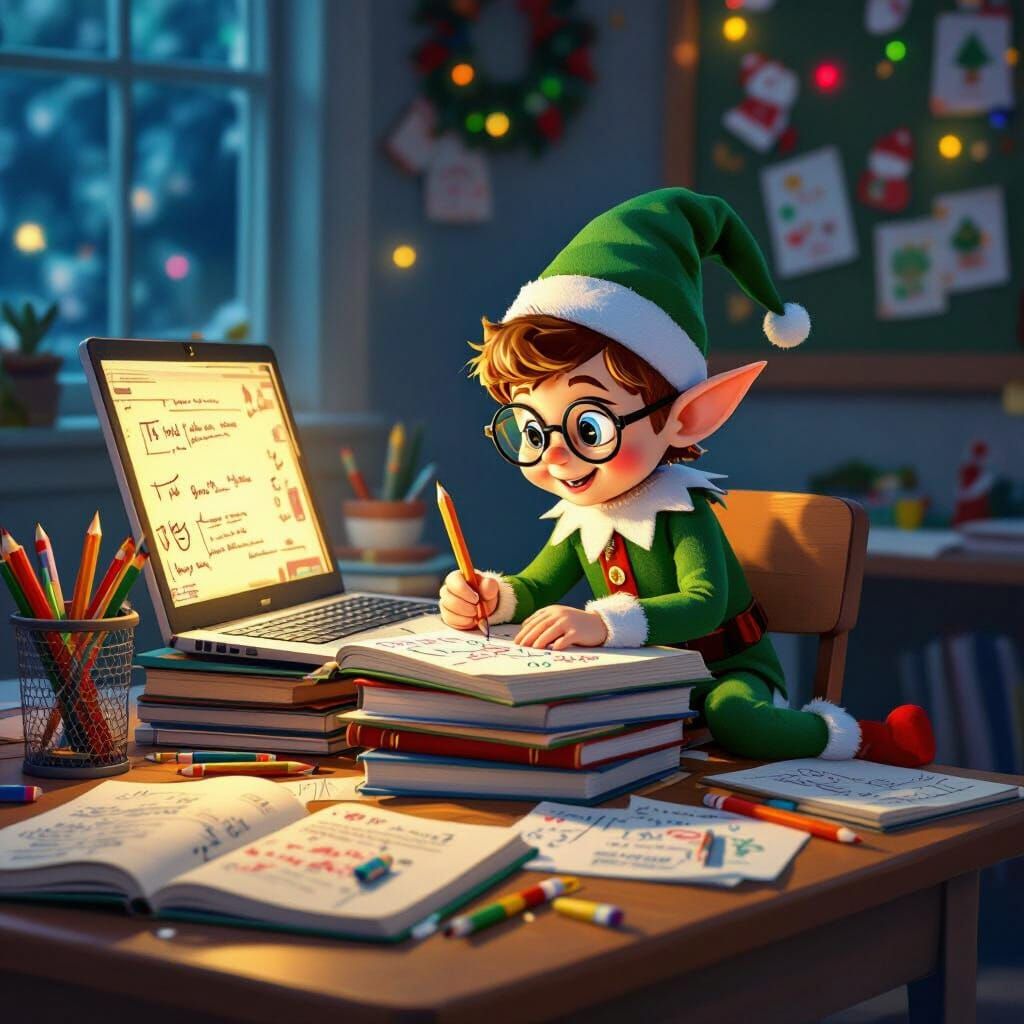 Mischievous Elf on Shelf Studies Late at Night