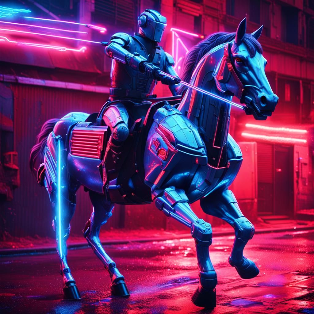 Robotic Centaur Firing Laser Arrows in Synthwave Style