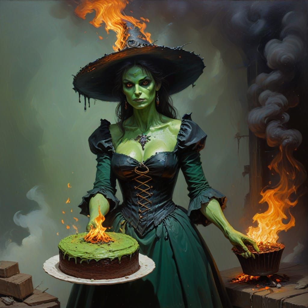 Whimsical Oil Painting of a Green-Skinned Witch