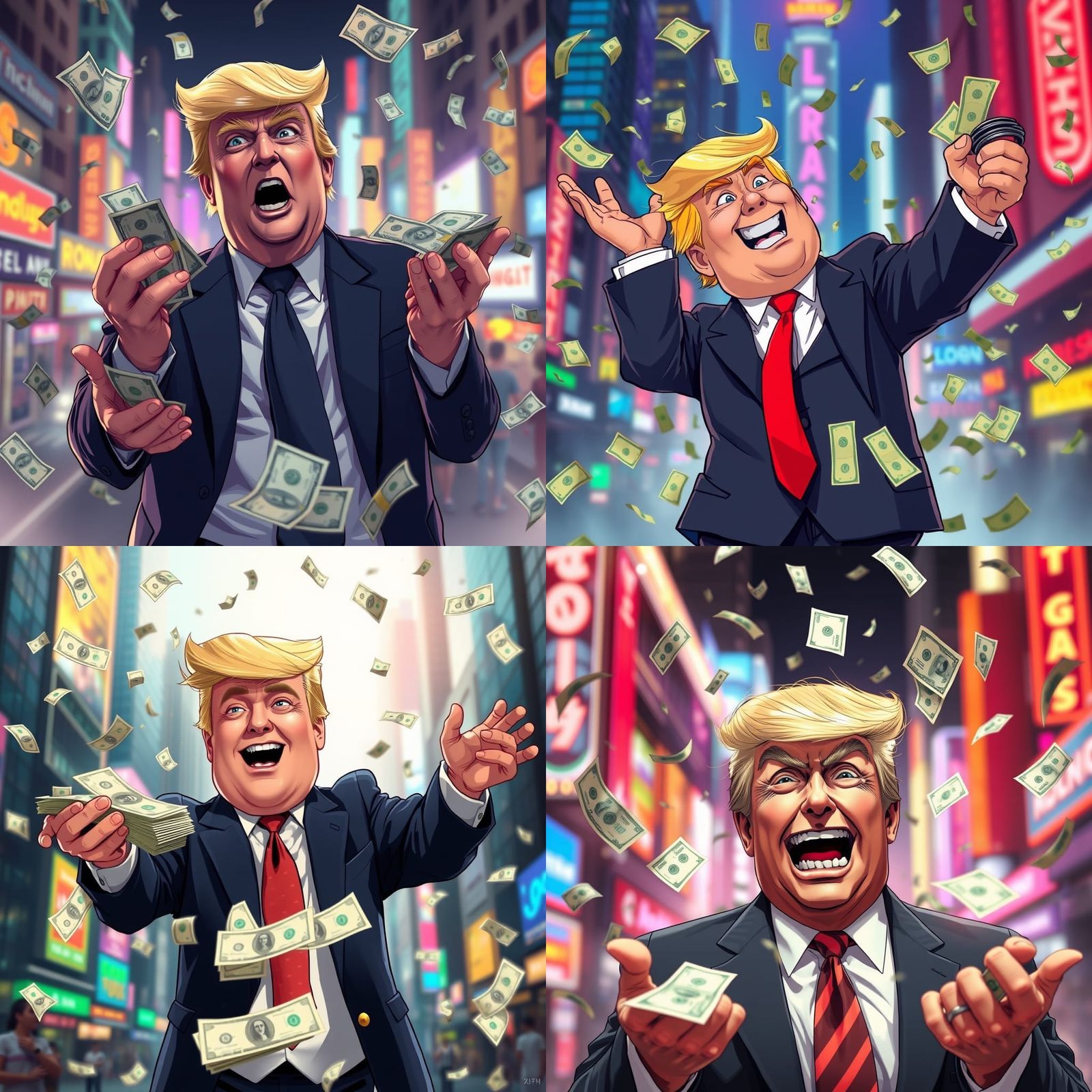 Anime-Inspired Trump Throws Dollar Bills in Neon Cityscape