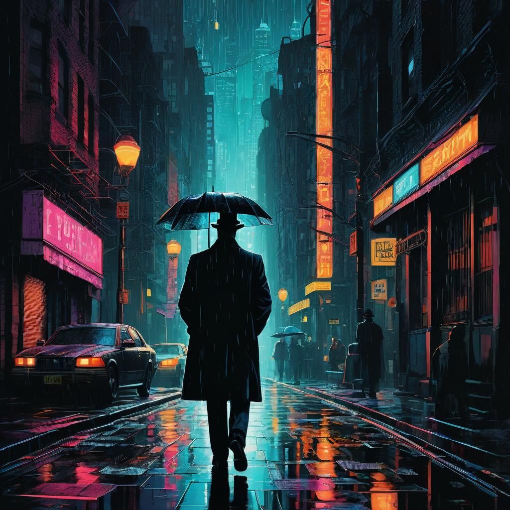 Art Deco Screen Print of Man in Rainy Alley