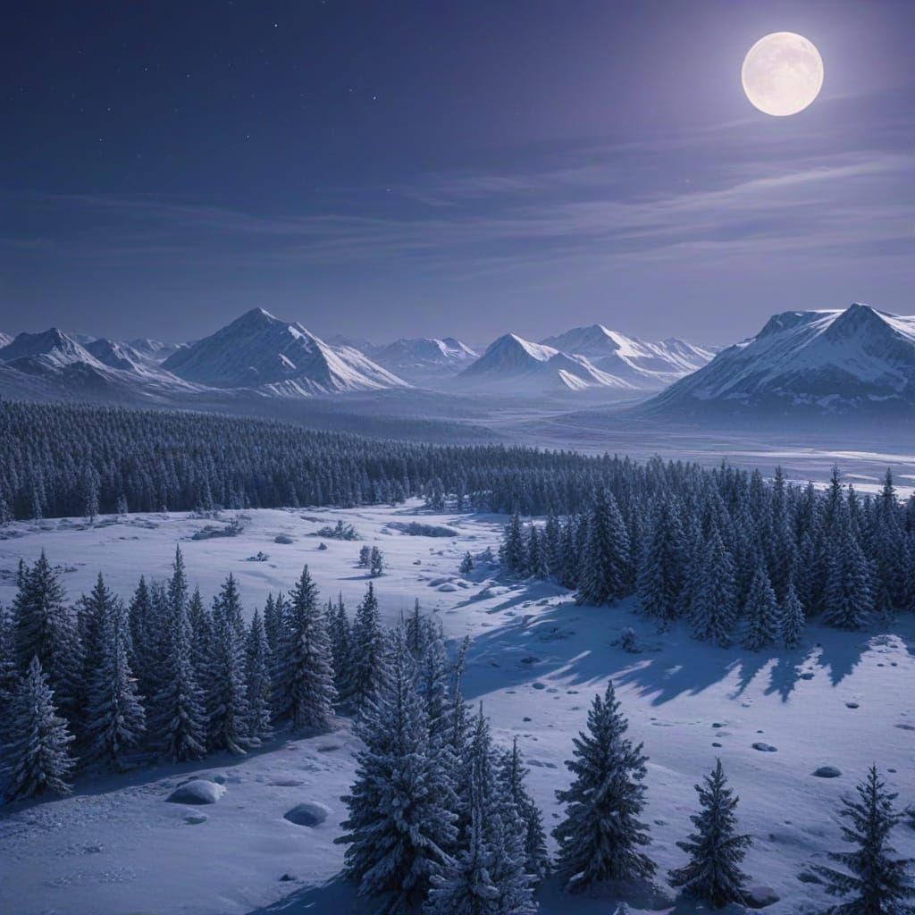 Tundra Moonlight: Snowy Landscape in Blue-Purple Hues