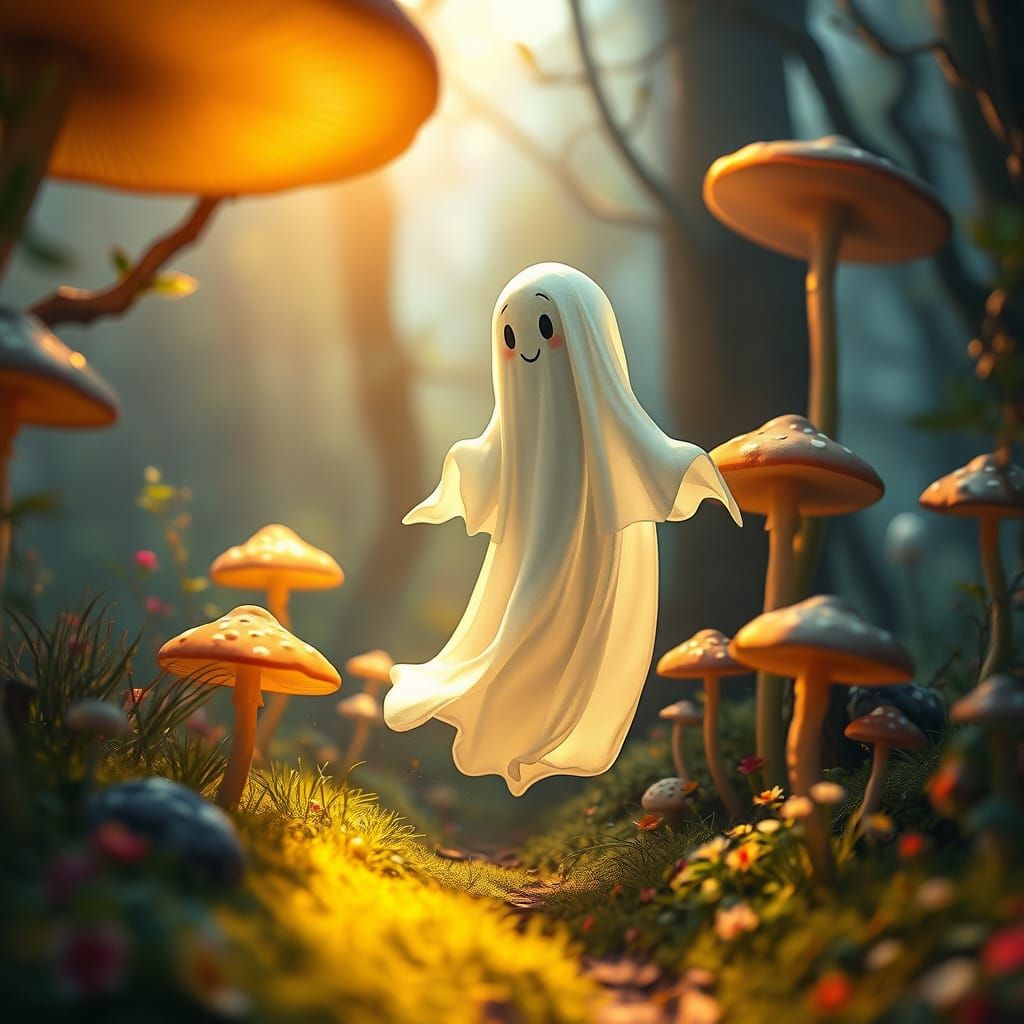 Whimsical Ghost in Enchanted Fairy Mushroom Realm