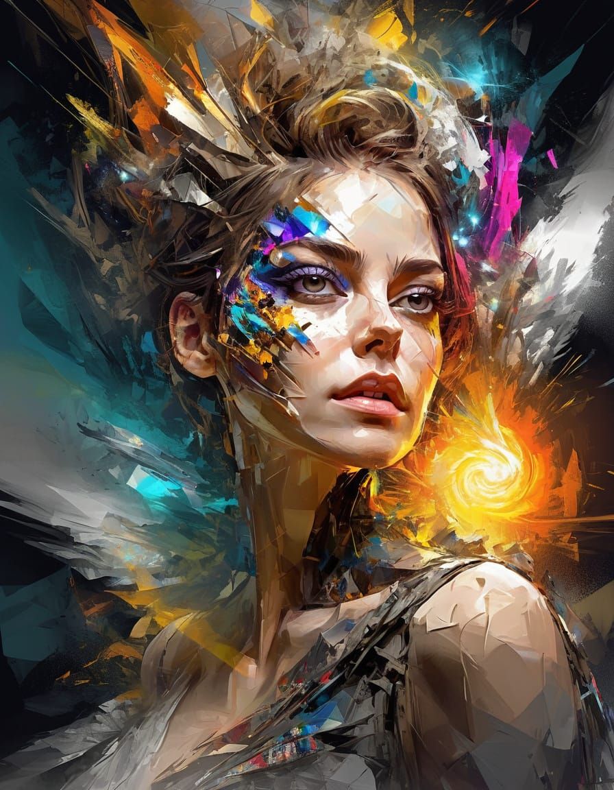 Shattered Mind: Vivid Fractal Portrait in Surreal Style