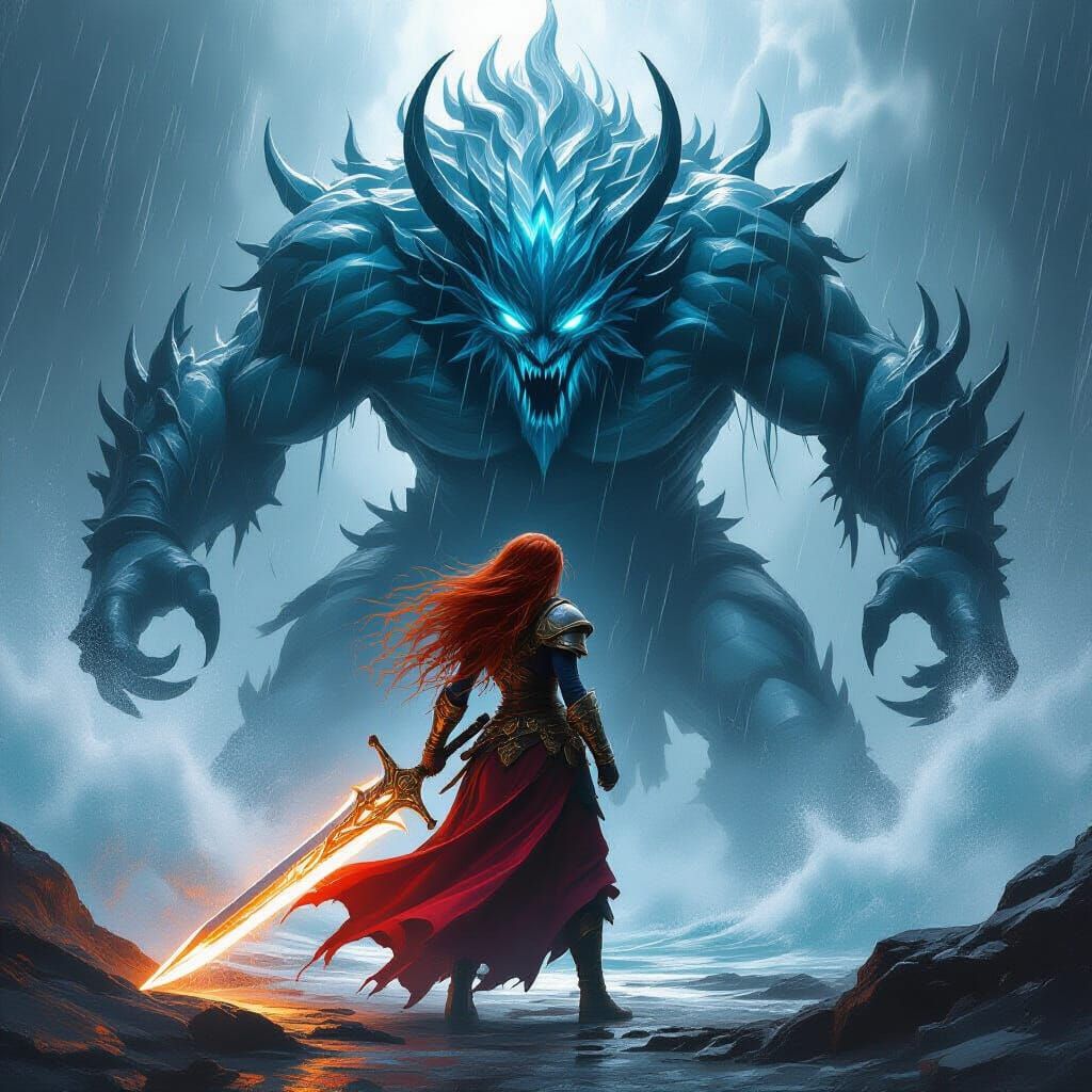 Paladin vs Water Elemental in Painterly Gothic Horror Style