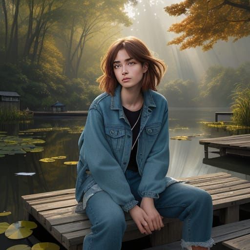 Young Girl's Serene Moment on a Weathered Dock