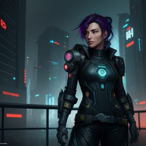 Medium shot of a female sci-fi protagonist in a cyberpunk city on a rainy evening.