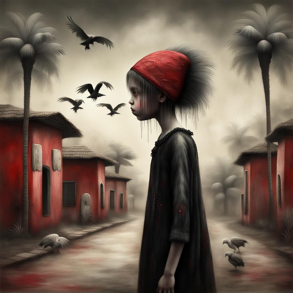 Eerie Village Scene with Girl and Vultures