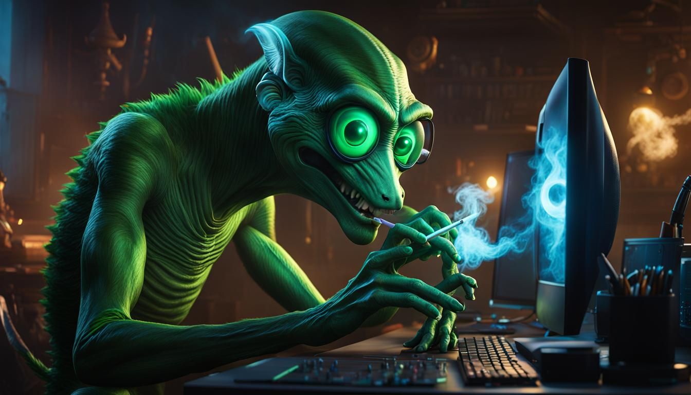 A green alien creature sitting at a computer smoking a cigarette. franticly working on his laptop.