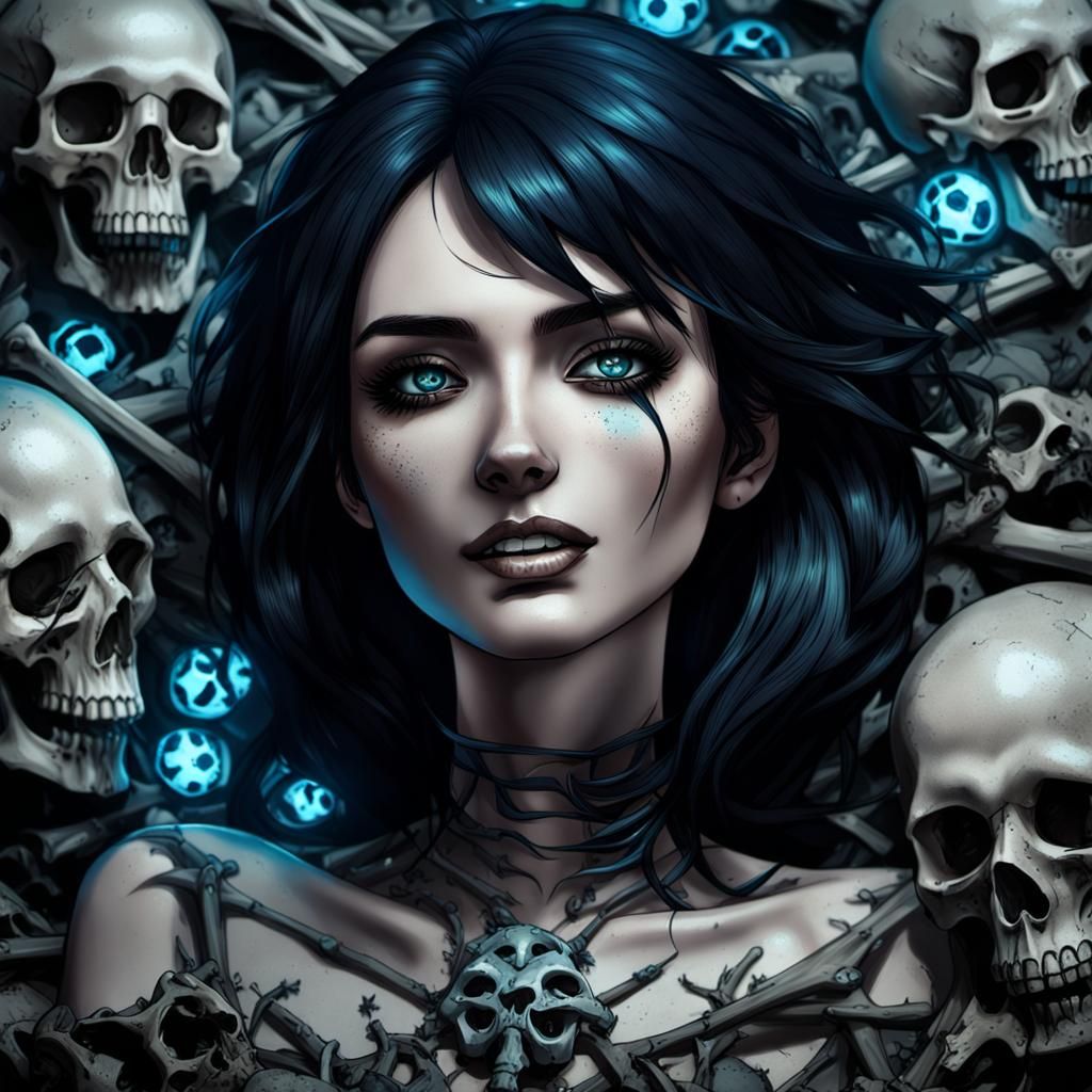 Dark Fantasy Anime Woman in Pile of Bones
