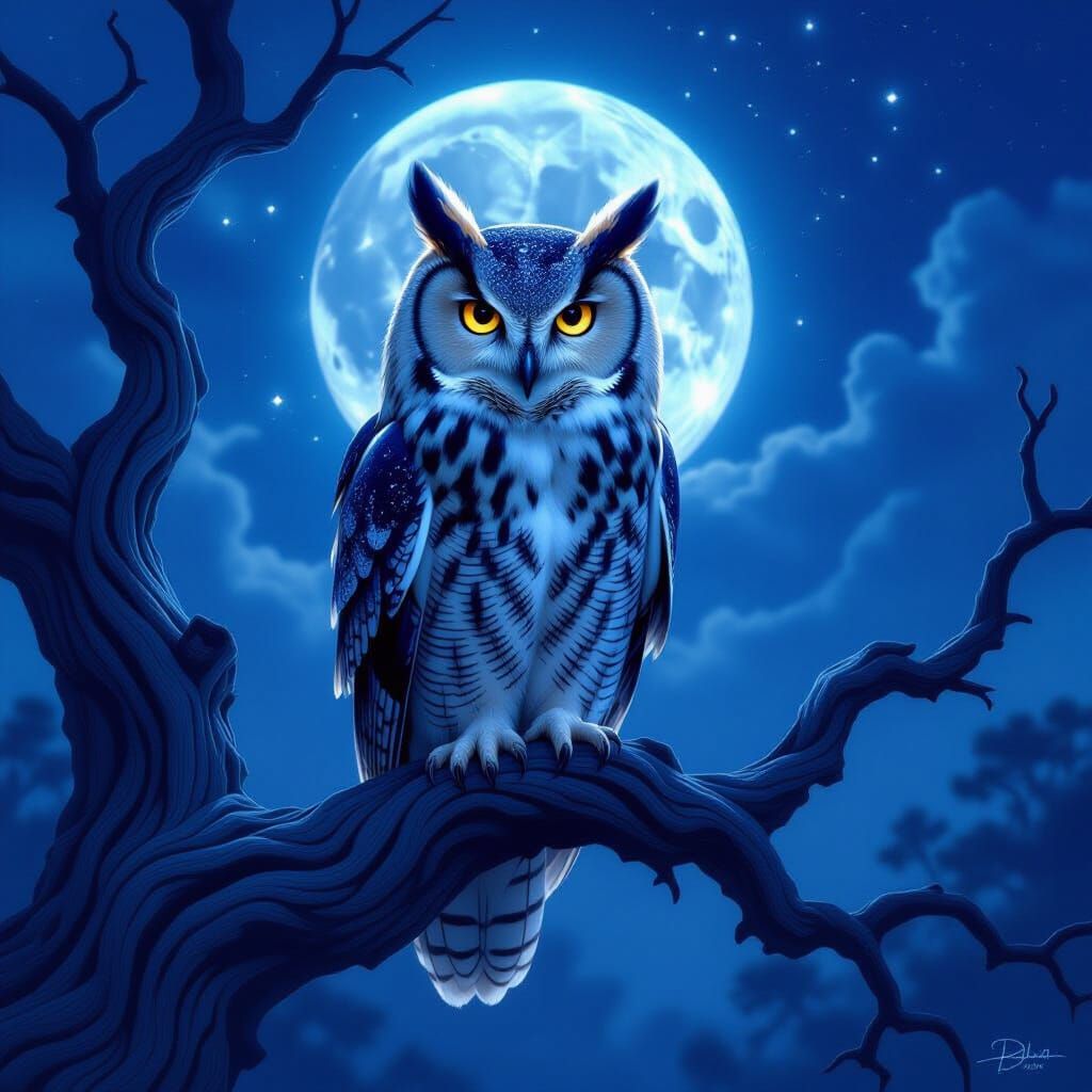 Majestic Owl with Moonlit Feathers in Cosmic Setting