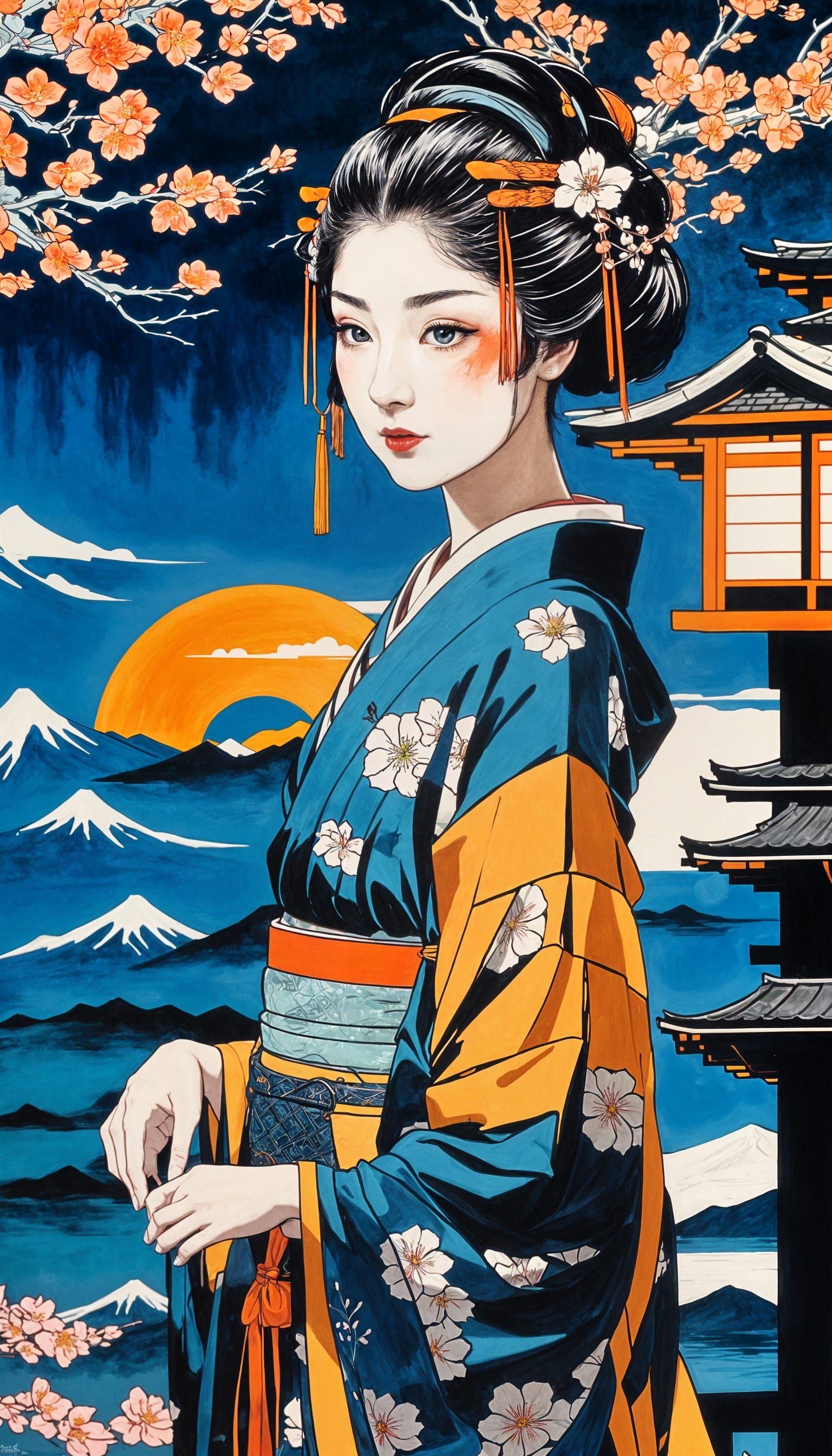 Geisha with Cherry Blossoms in Ukiyo-e Style