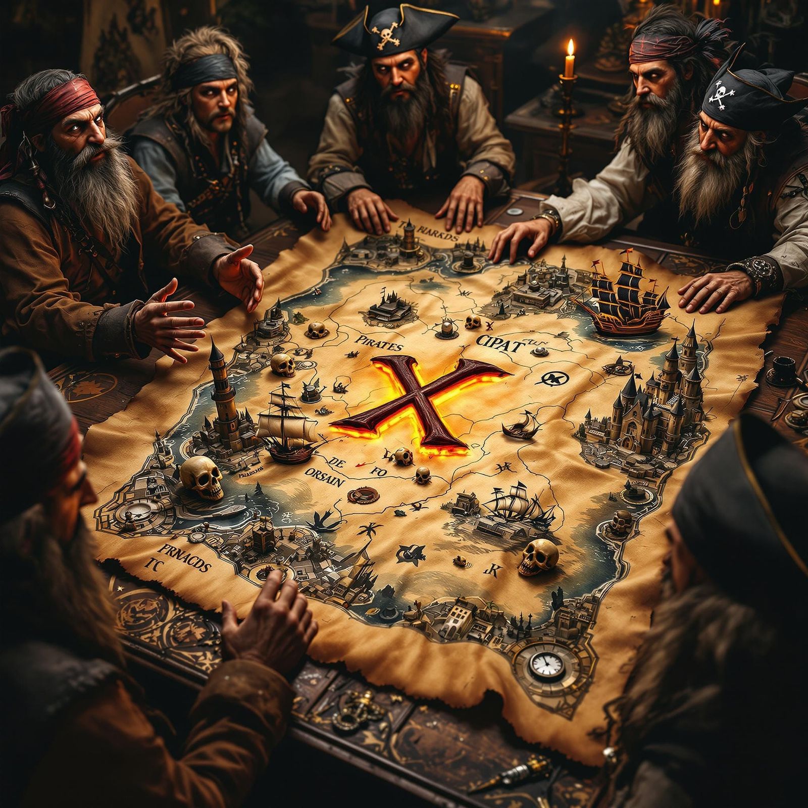 Pirate Treasure Map Unveiled in Dimly Lit Tavern