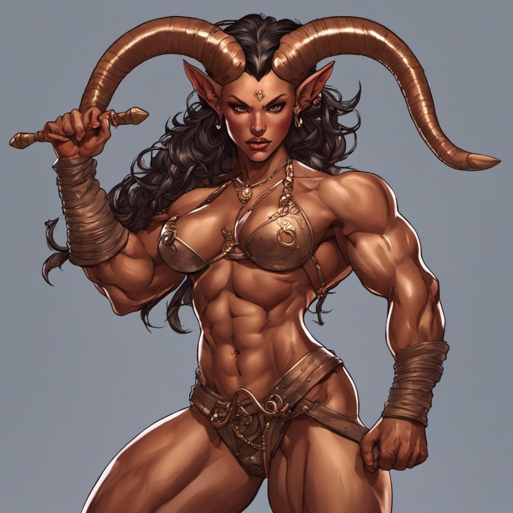 Tiefling Gladiatrix in Hellish Landscape, Detailed Digital A...