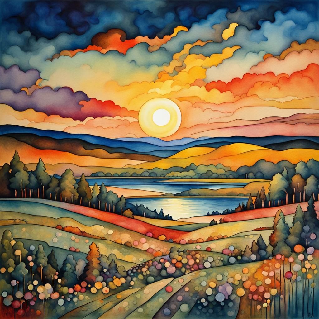 Watercolor Summerscape Sunset in Post-Impressionist Style