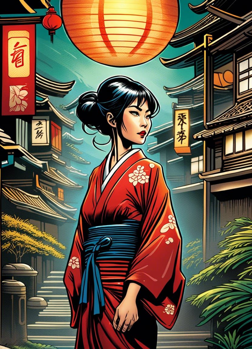 Japanese Lady in Retro Comic Book Art Style