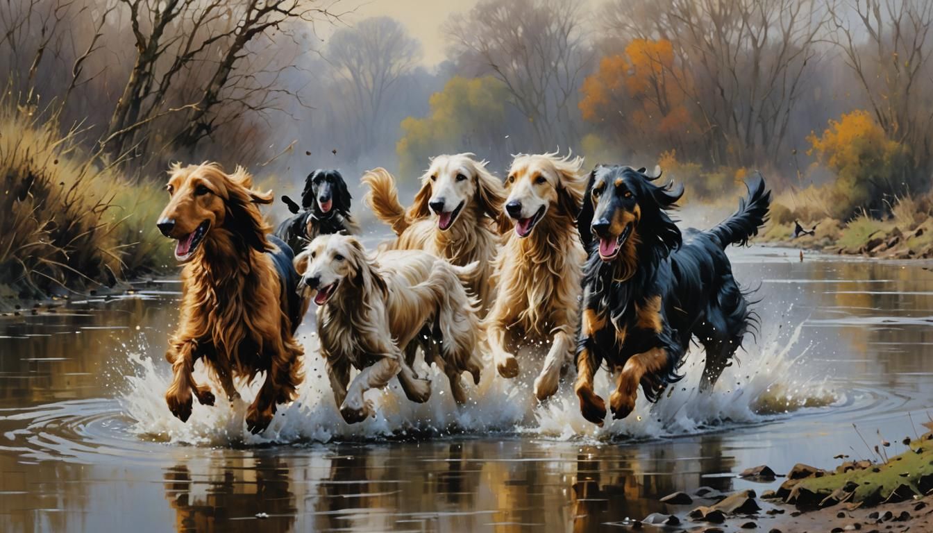 Afghan Hounds Chase Ducks in Colorful Impressionism