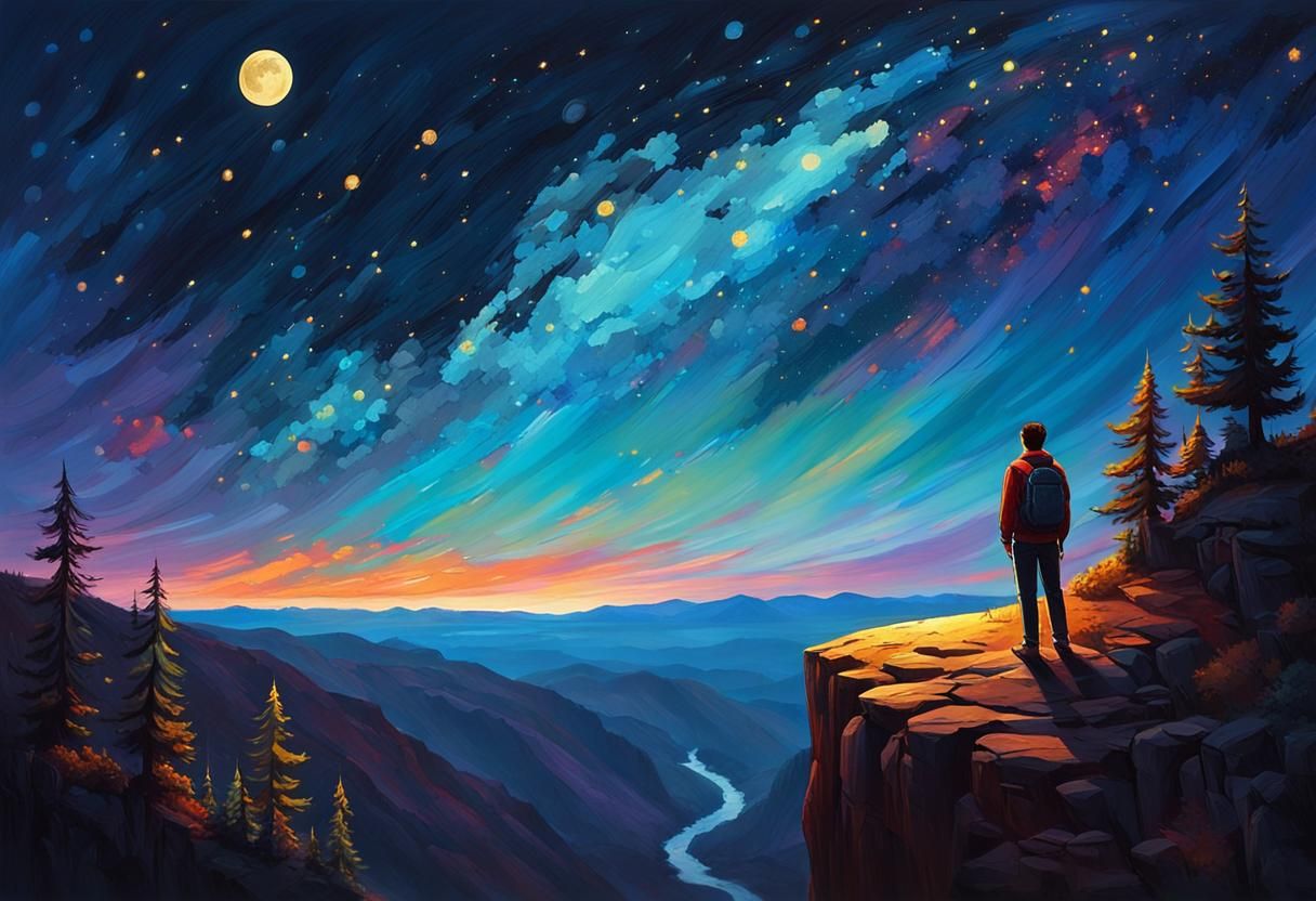 Person Contemplates Starry Night Sky: Oil Painting