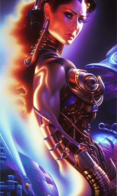 Futuristic Cyborg Woman Portrait in Purple