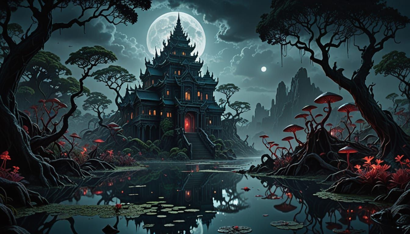 Ethereal Jungle Temple in Moody Indigo Dusk