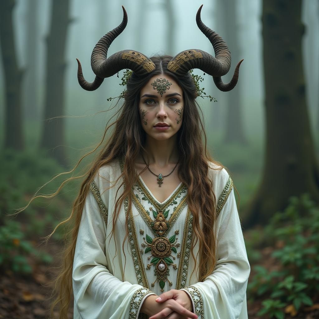 Celtic Goddess in Misty Forest, Pre-Raphaelite Style