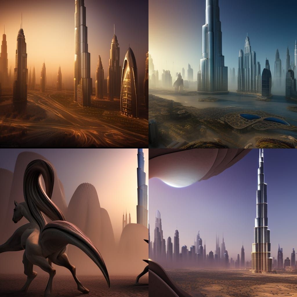 Alien Horses in Burj Khalifa: Detailed Fantasy Art