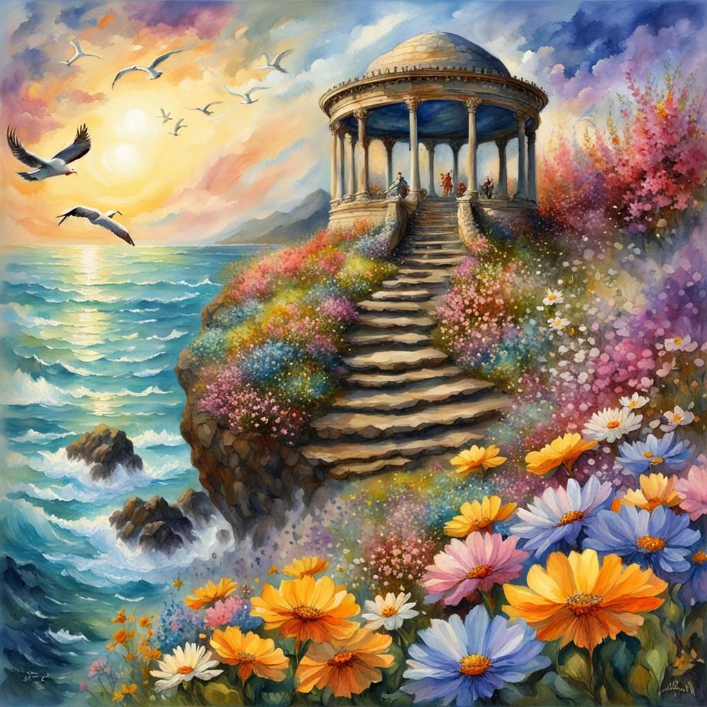 Seaside Rotunda in Watercolor Gouache Style