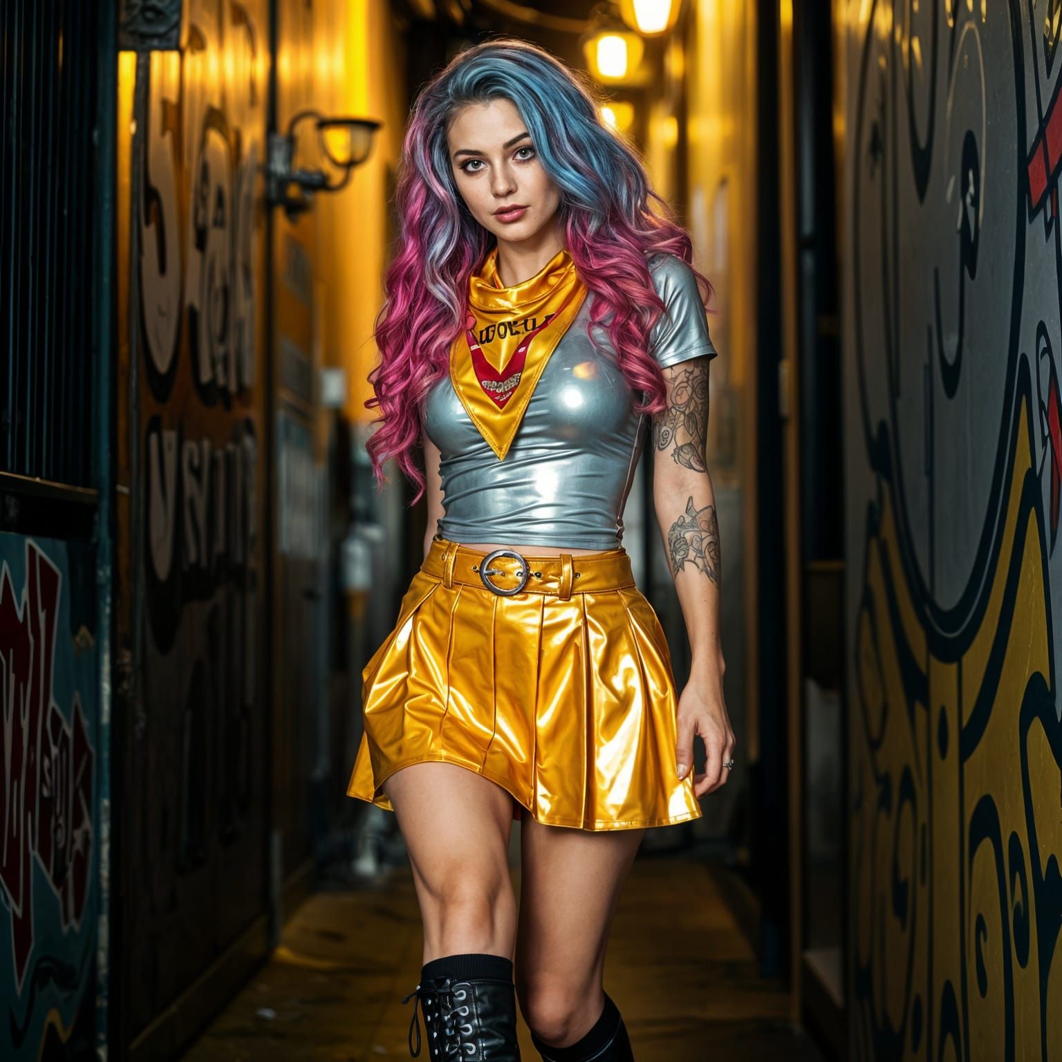 Rainbow Haired Woman in Cyberpunk Alleyway