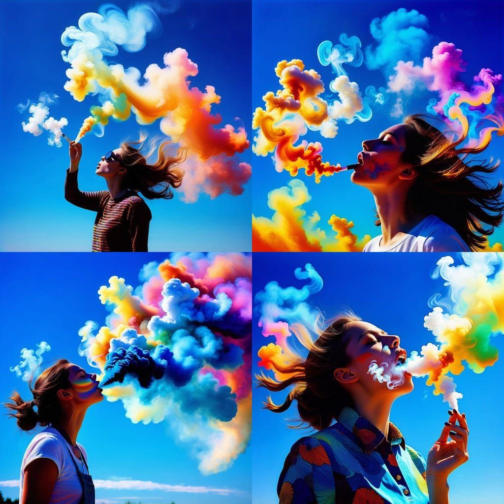 Vibrant Psychedelic Lady Swallows Rainbow Smoke