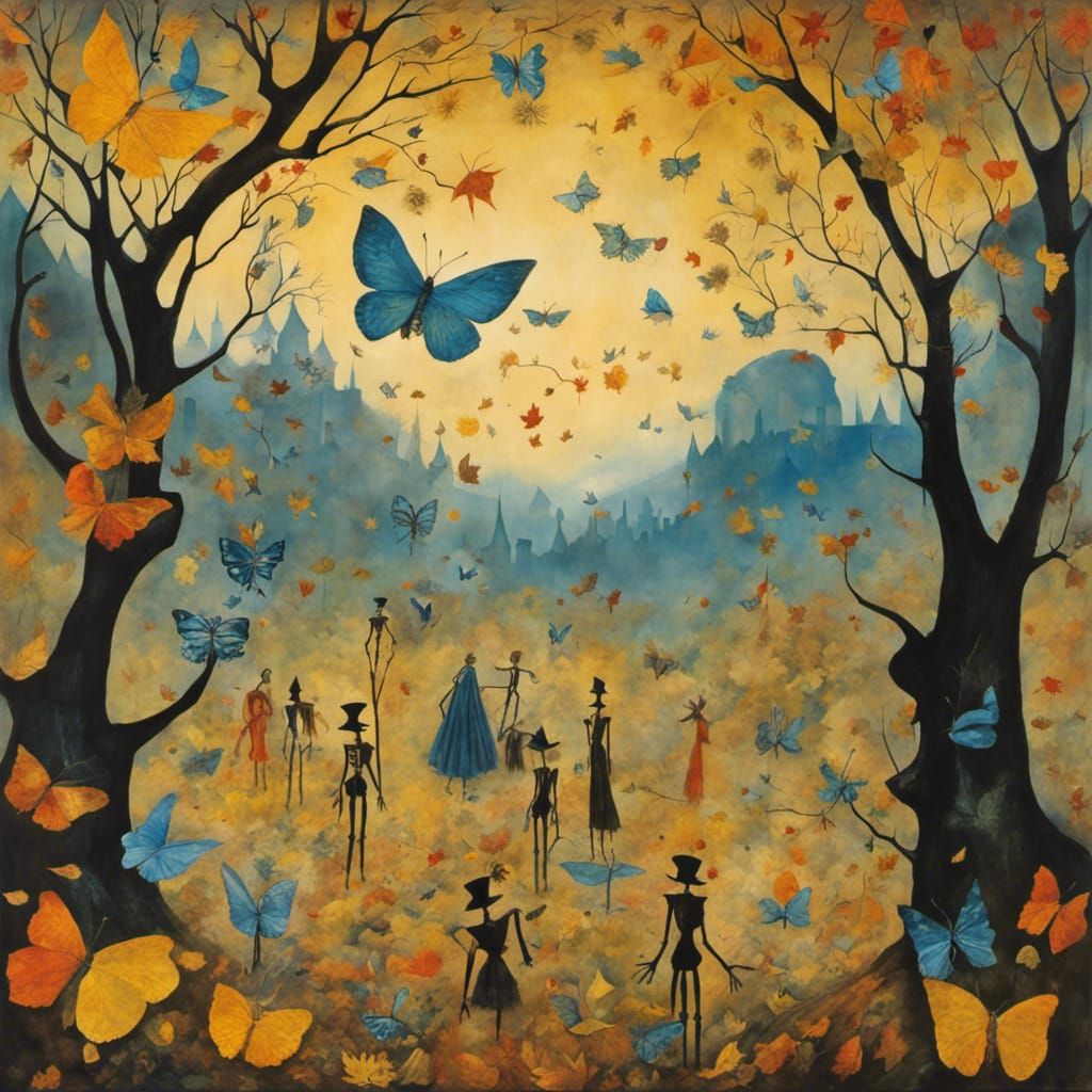 Skeleton Butterflies, million dandelion dreamscape, Autumn leaves , Salvador Dali collaboration Paul Klee and Tim Bur...