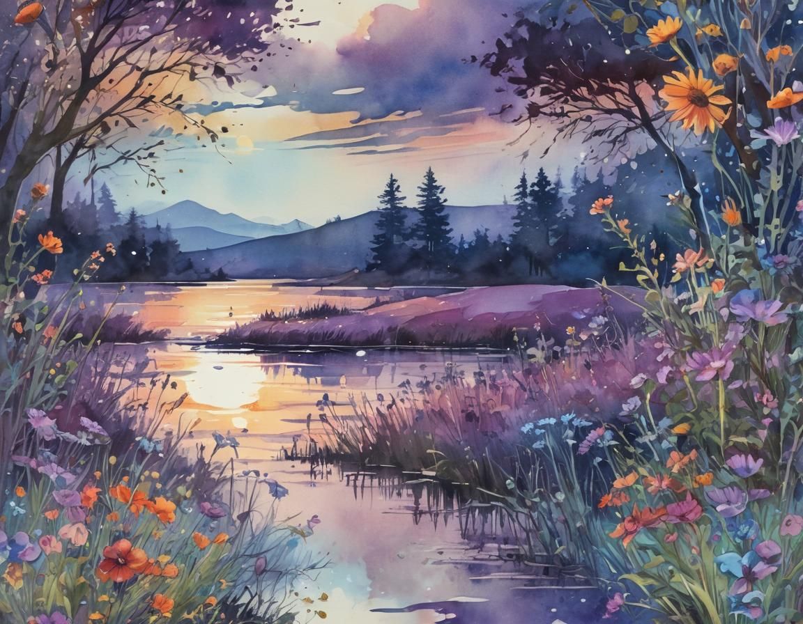 Vintage Watercolor Landscape with Meadows and Lake