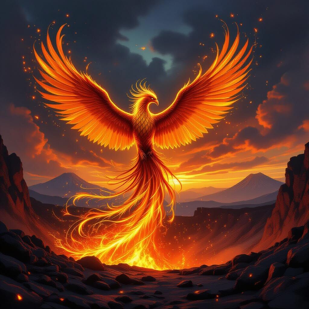 Majestic Phoenix of Gold and Obsidian Rises from Volcano
