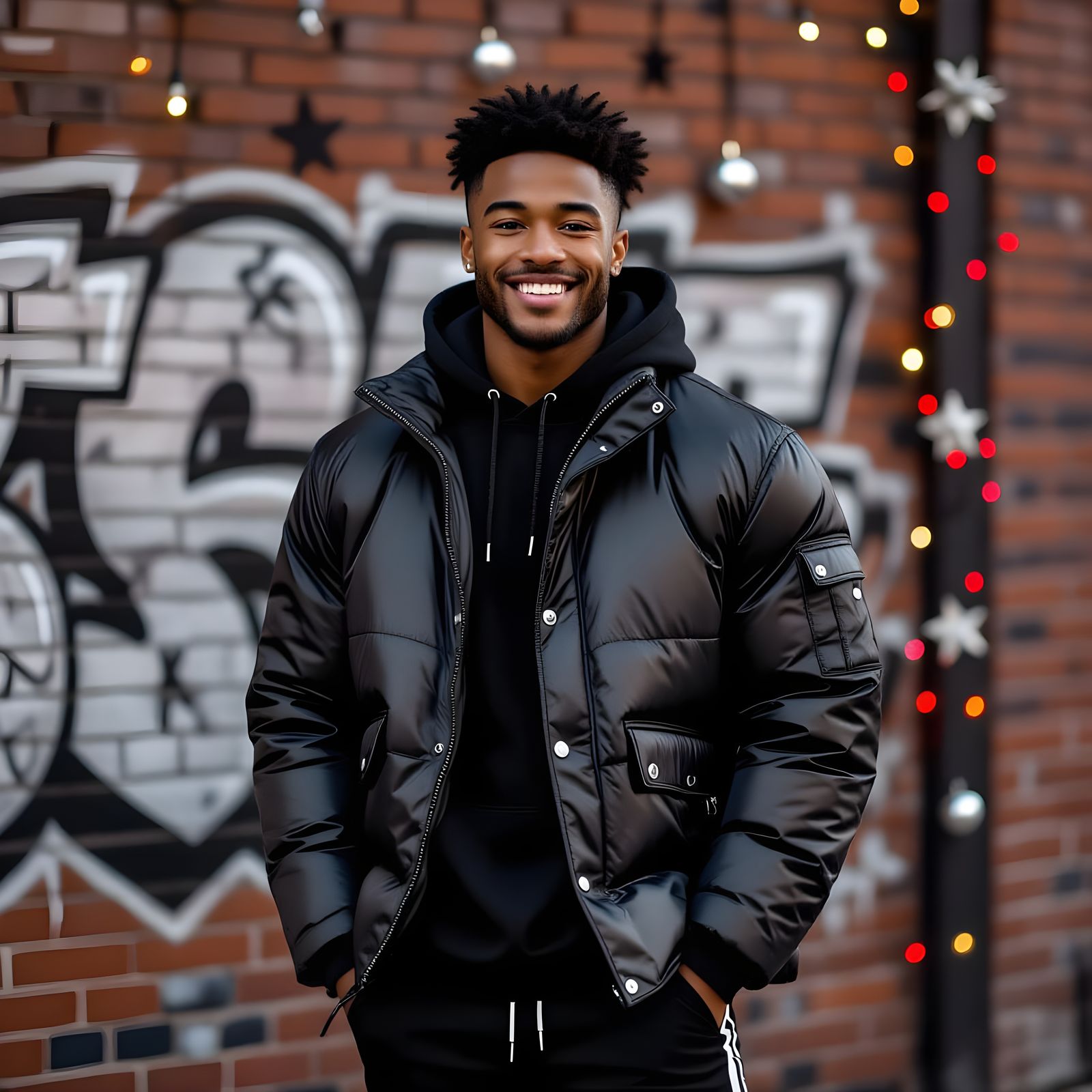 Confident Black Man in Urban Setting with Festive Lights