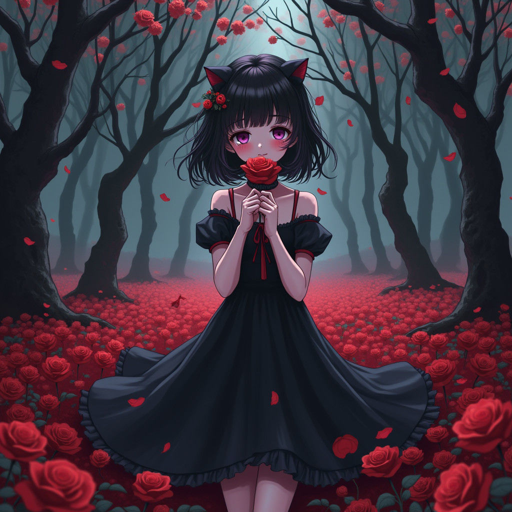 Anime Emo Girl with Black Rose in Fantasy Art Style